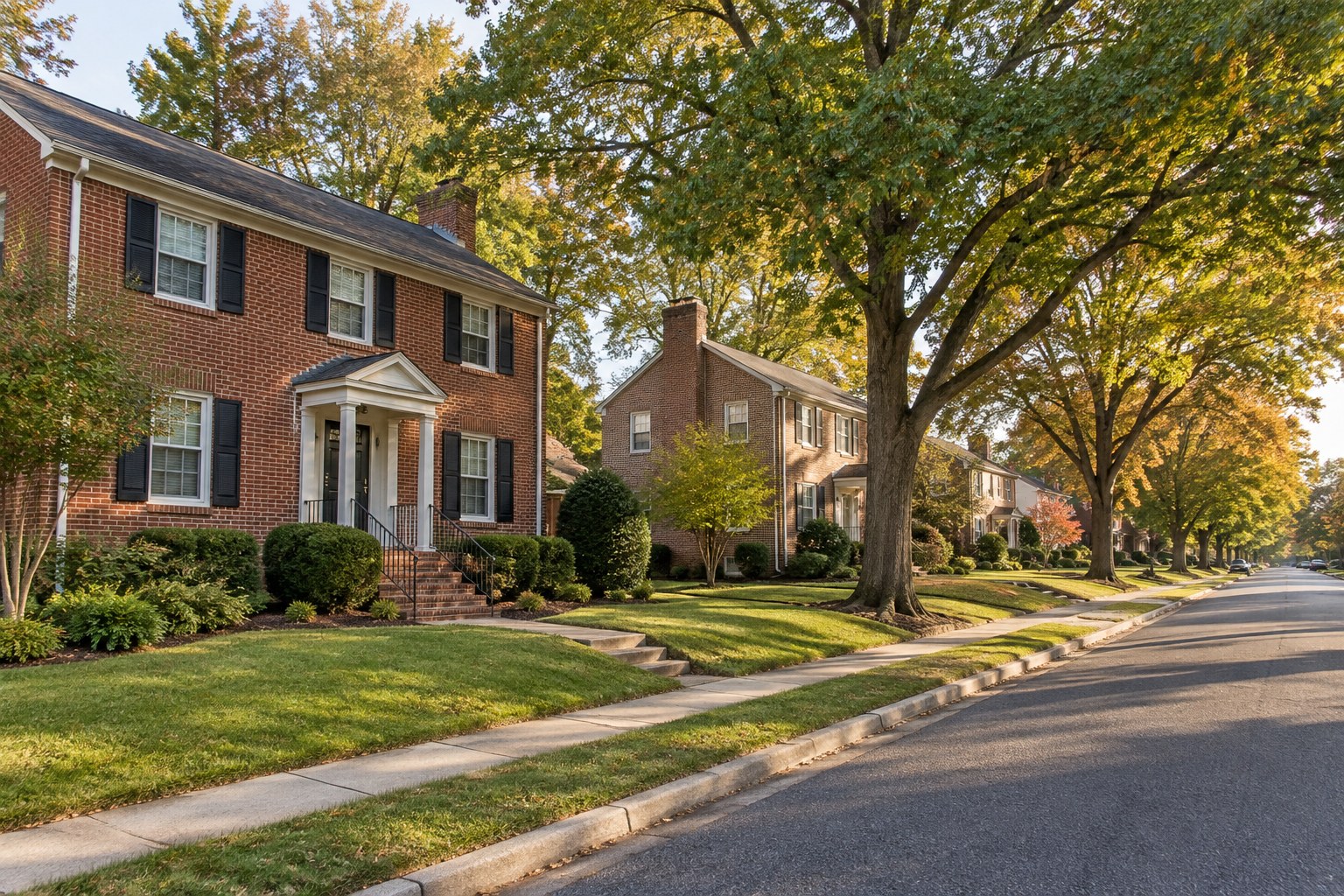 A quiet Temple Hills street of brick homes with mature trees, illustrative