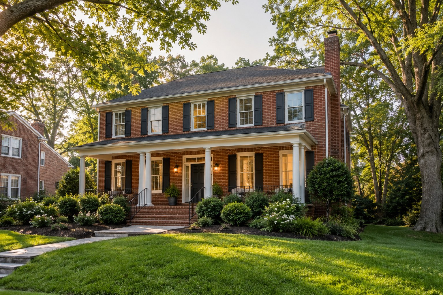 A brick colonial home with a front porch near Washington DC, illustrative