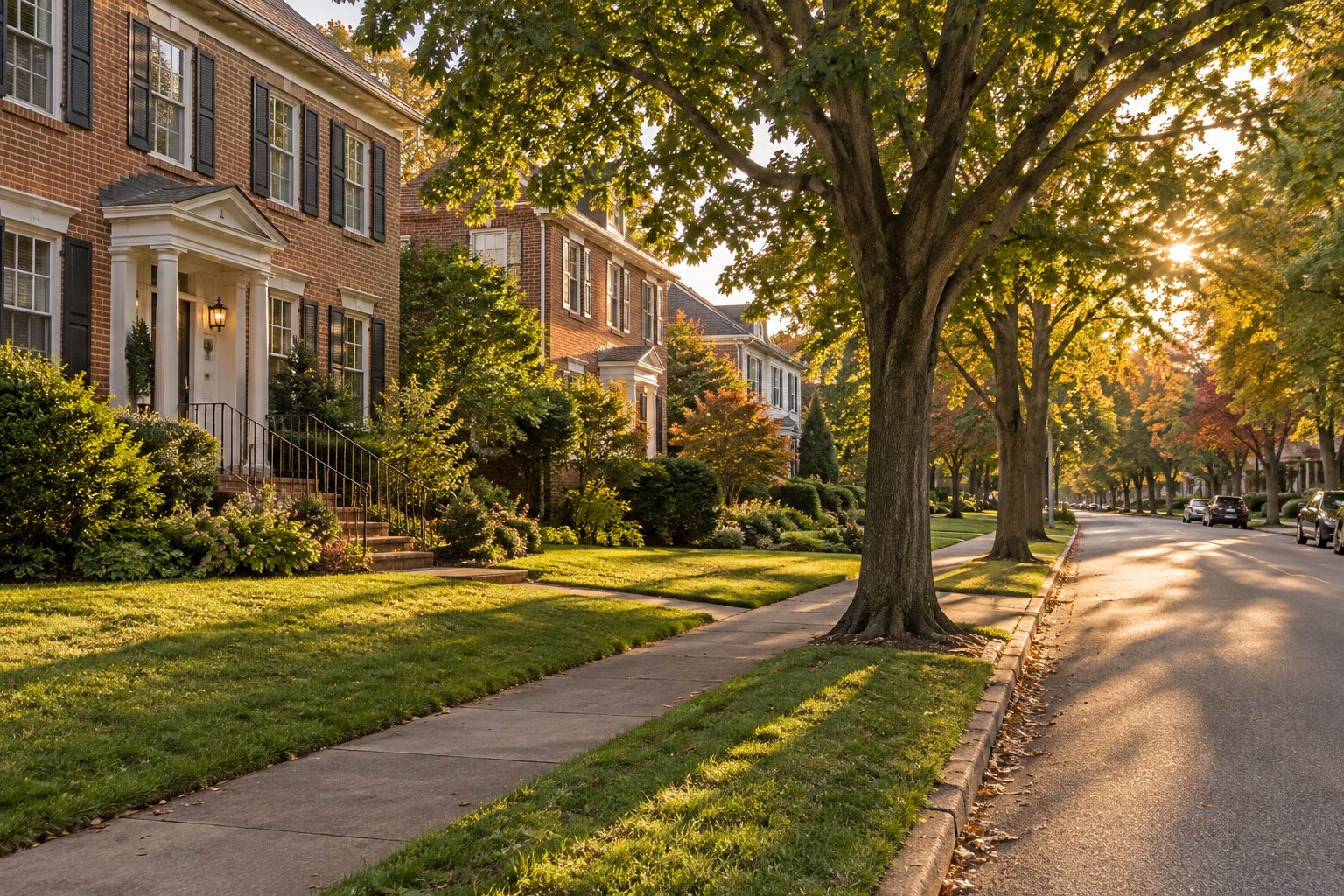 A Maryland street with mature trees, illustrative