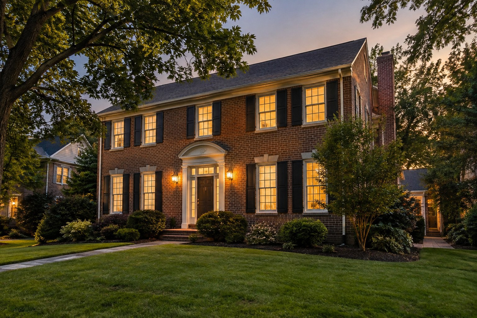 A brick home at dusk, illustrative