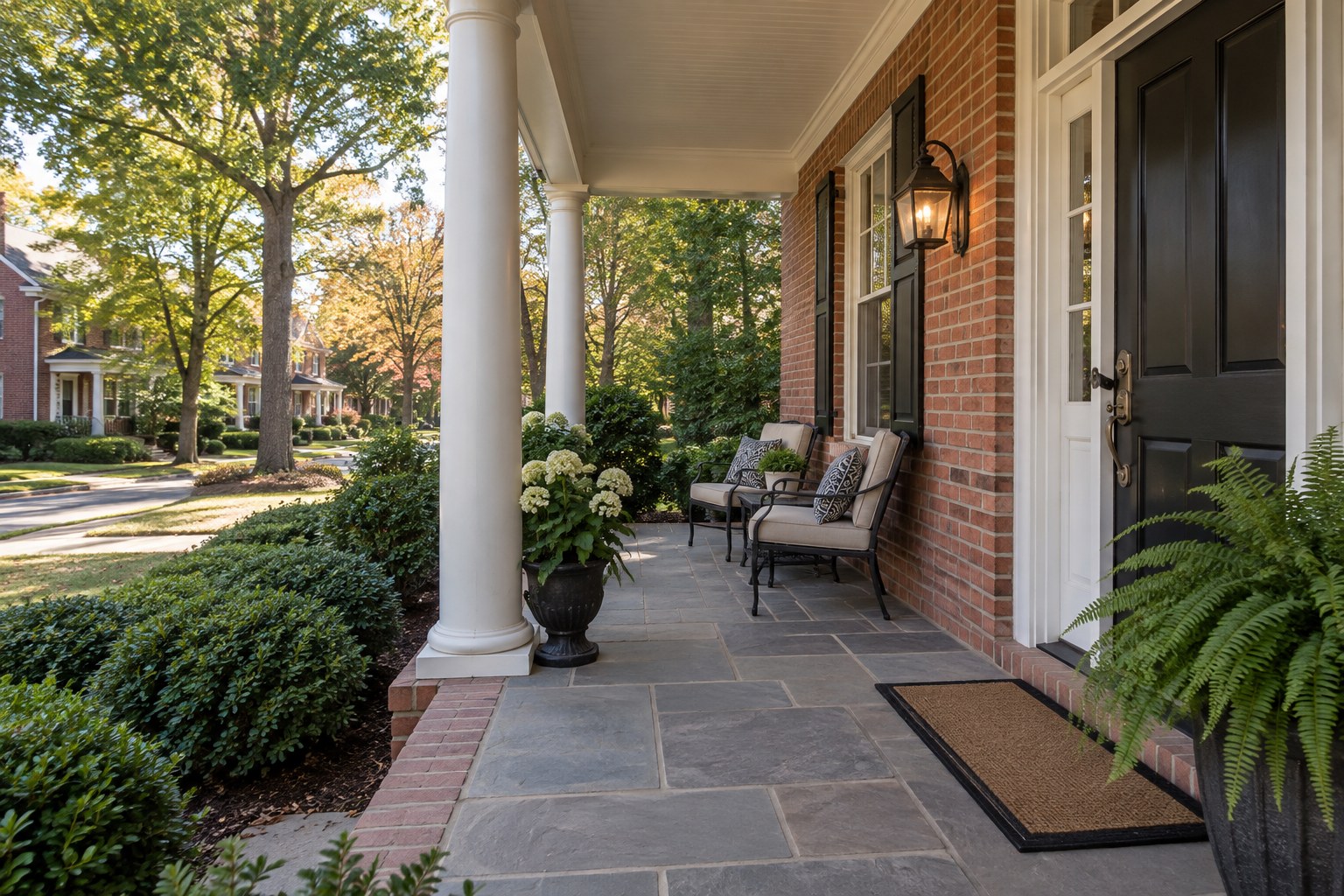 A covered front entry of a brick home, illustrative